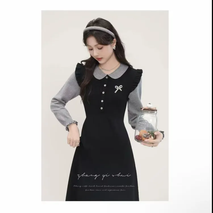 长袖翻领秋季挂脖款常规连衣裙设计师针织法式收腰051