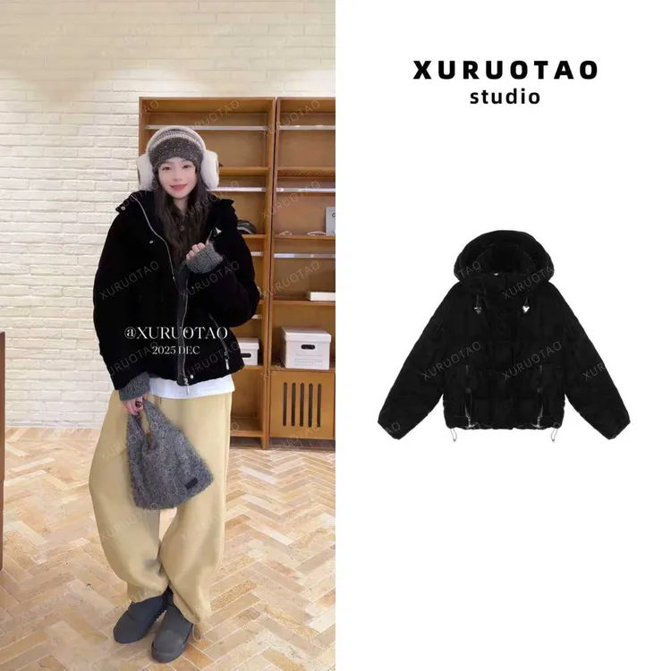 XURUOTAO【首尔假日】秋冬季连帽绒感保暖时髦黑色羽绒服 T5922