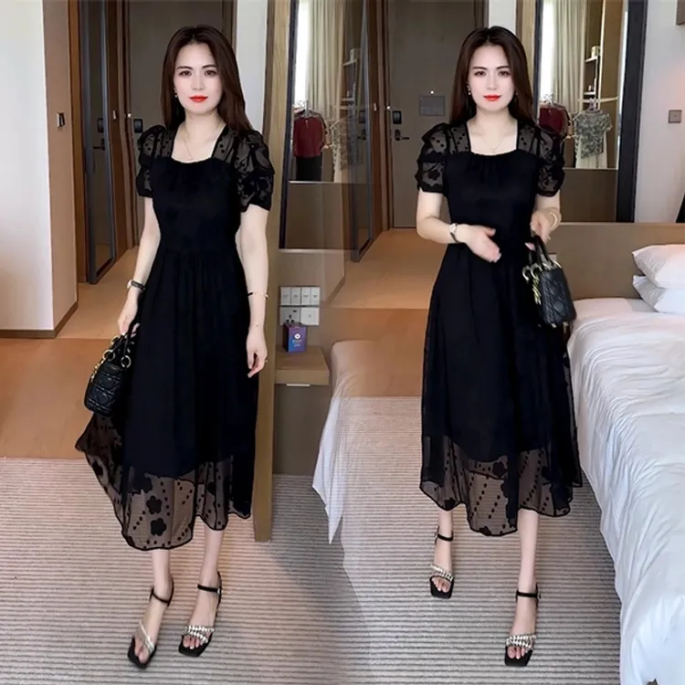 法式夏季新款时尚穿搭休闲气质洋气减龄显瘦短袖连衣裙收腰