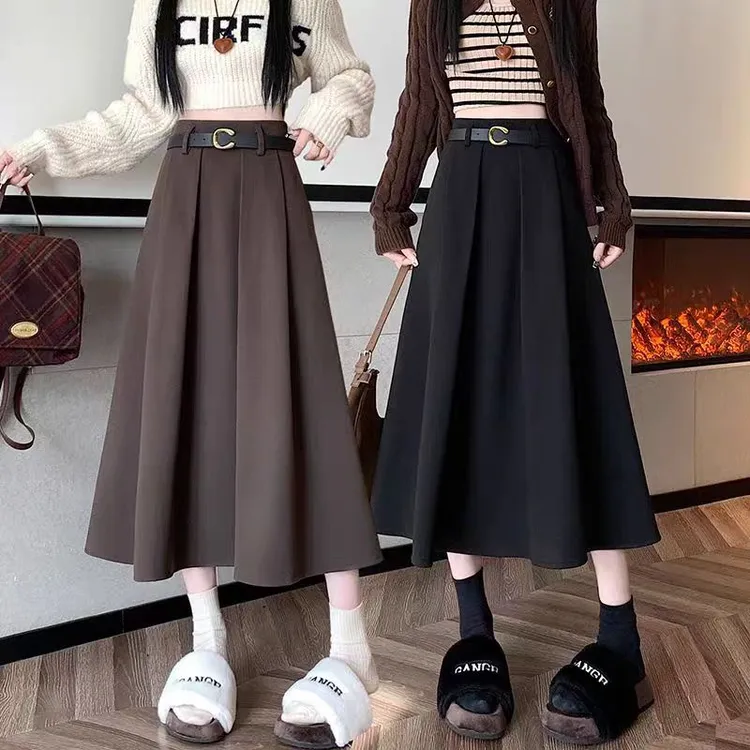【送腰带＋运费险】半身裙秋冬女A字冬裙中长百褶裙新款高毛呢长裙