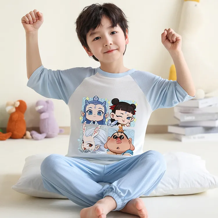 睡衣莫代尔儿童空调服夏季卡通魔童男童空调服哪吒小男孩冰丝套装