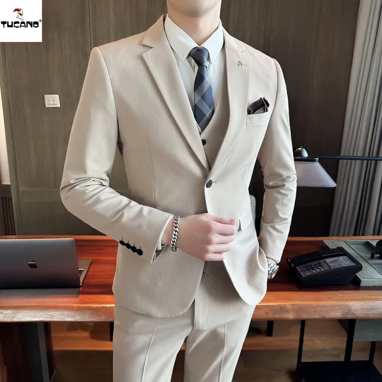 啄木鸟2025西装男套装纯色商务正装两粒扣男士韩版潮流西服外套