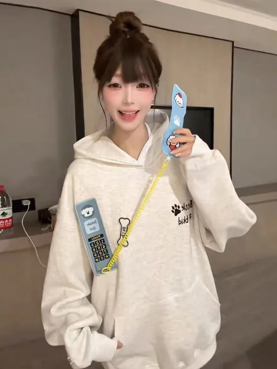 韩系电话卡通刺绣连帽卫衣女秋冬季oversize宽松慵懒风百搭外套潮