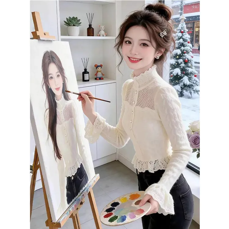 温柔风半高领蕾丝衬衫女秋冬新款高级感洋气轻奢减龄打底衫上衣潮