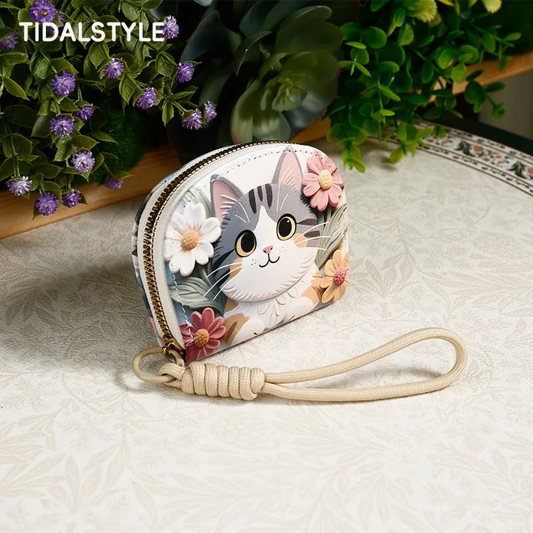 TIDALSTYLE新款时尚可爱猫咪浮雕卡包女便携小巧零钱包卡通印花软