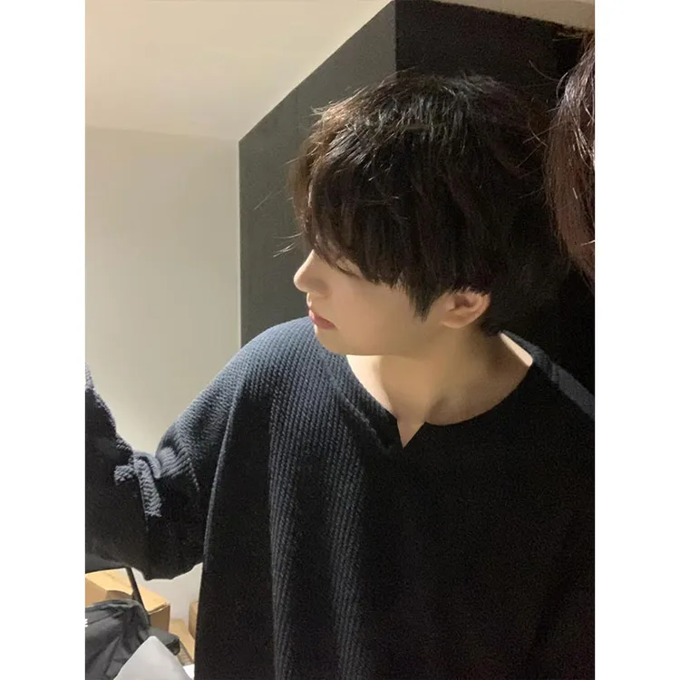 亨利领肌理感慵懒V领T恤男秋季新款美式宽松内搭长袖上衣潮T恤