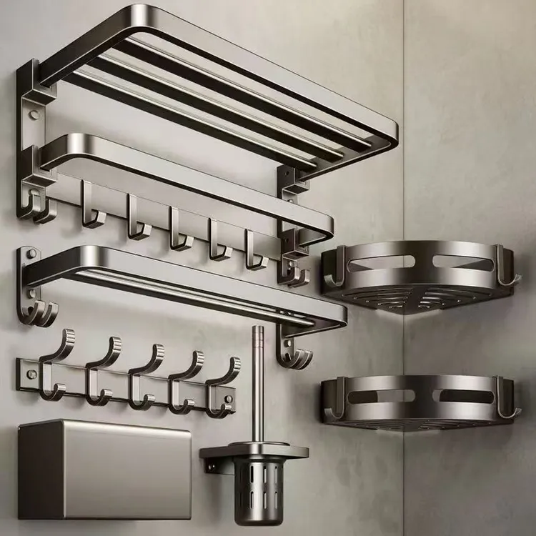 JOWMO枪灰色折叠毛巾架浴巾置物架卫生间太空铝免打孔壁挂式卫浴