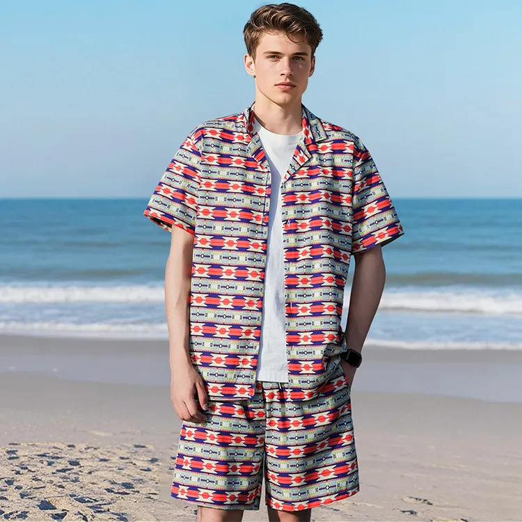 2025夏季新品套装男士百搭纯色提花休闲潮流翻领衬+短裤两件套