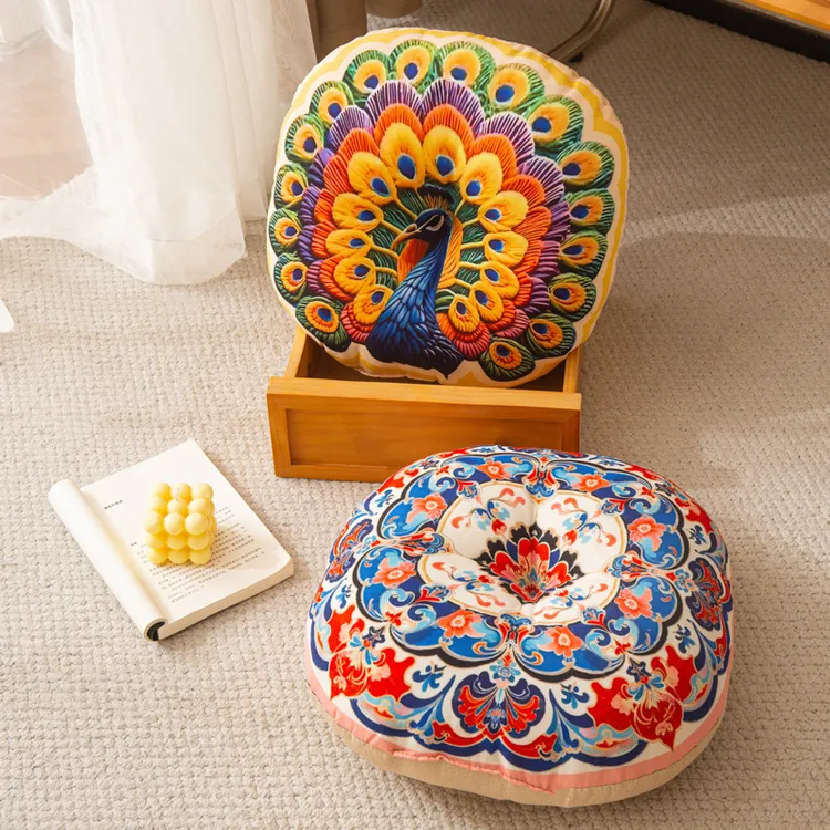 棉麻加厚波西米亚孔雀软普软坐垫PP棉花填充创意家用防滑圆形抱枕