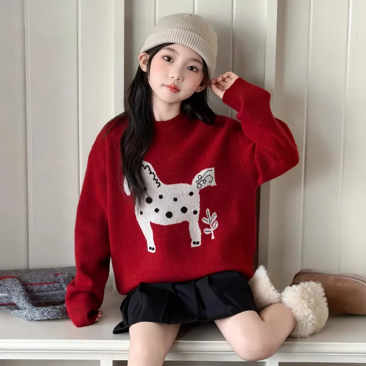 女童新年毛衣秋冬2025新款儿童冬装加厚马年本命年女大童红色衣服
