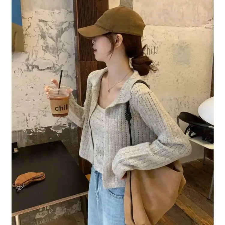 2025套装女新款小香风镂空短袖洋气针织开衫吊带小背心上衣两件套