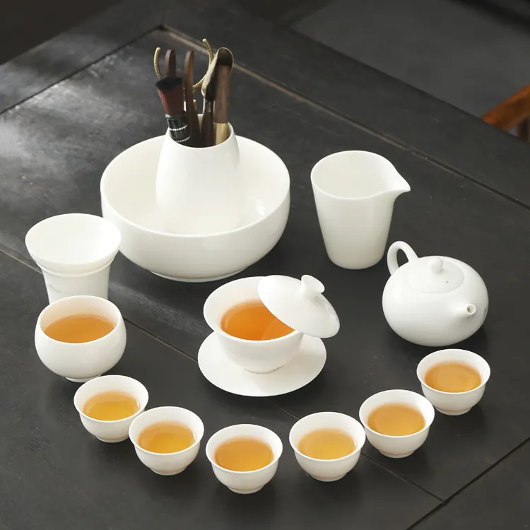 纯白羊脂玉悬停盖碗德化陶瓷功夫茶具套装高端全套办公室家用整套