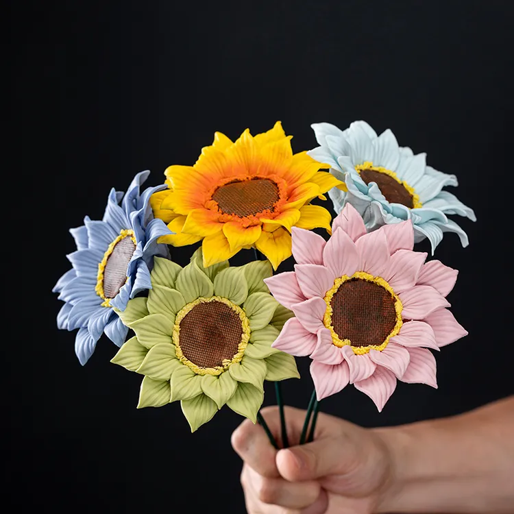 中秋节送给妈妈的插花永生花绿色家居手捏陶瓷花束购买向日葵
