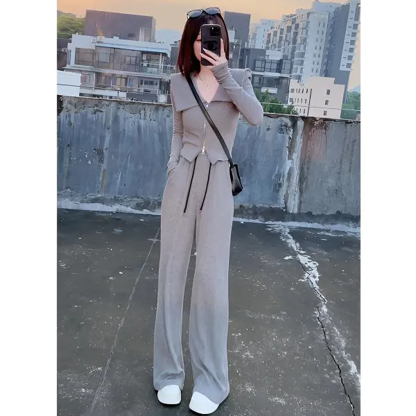 韩版时尚休闲套装女2025秋冬新款短款上衣高腰直筒阔腿裤两件套