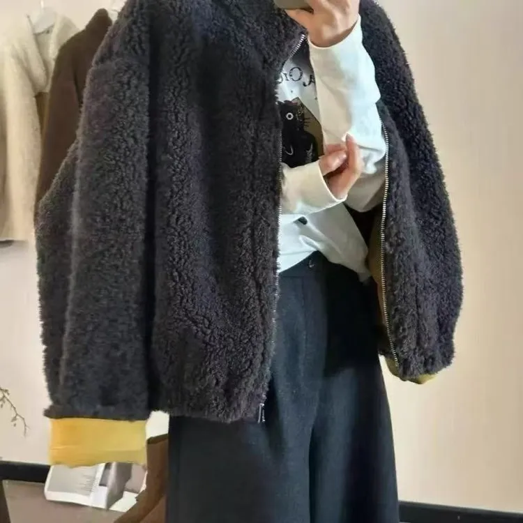 韩系立领仿羊羔毛皮毛一体短款外套女2025秋冬新宽松显瘦减龄上衣