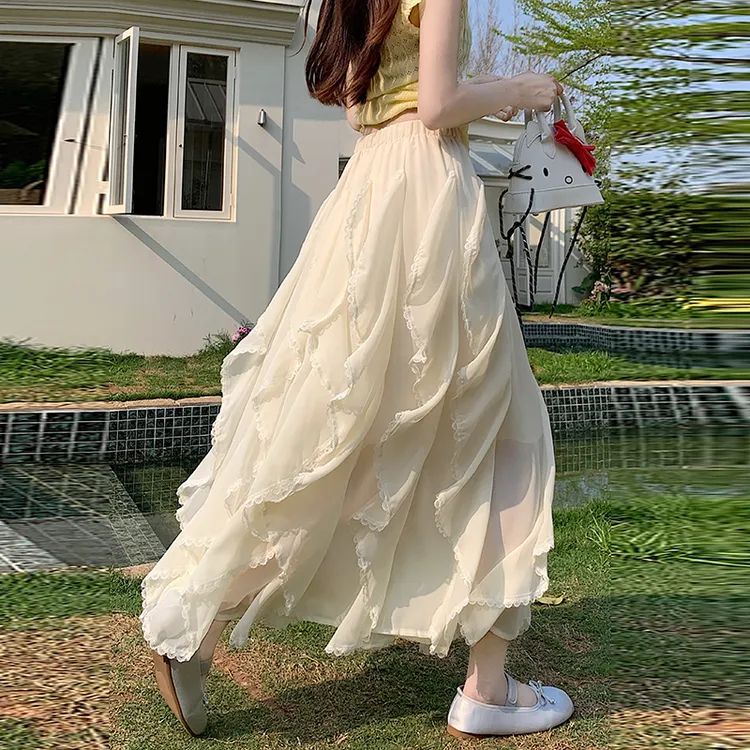重工不规则蕾丝荷叶边仙女裙2025春夏新款设计感小众半身裙女长裙
