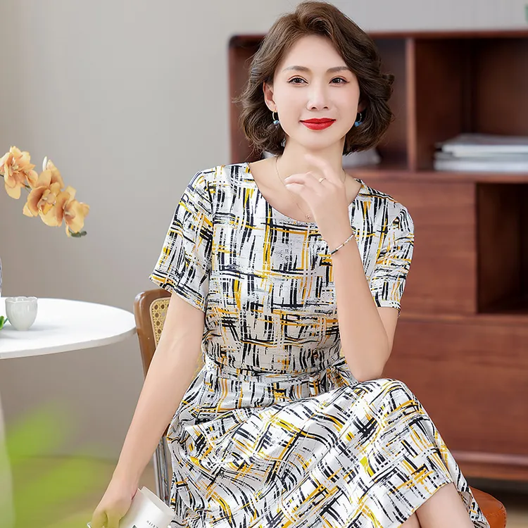 夏季真丝桑蚕丝弹力缎面连衣裙收腰显瘦气质款妈妈装中长款裙子