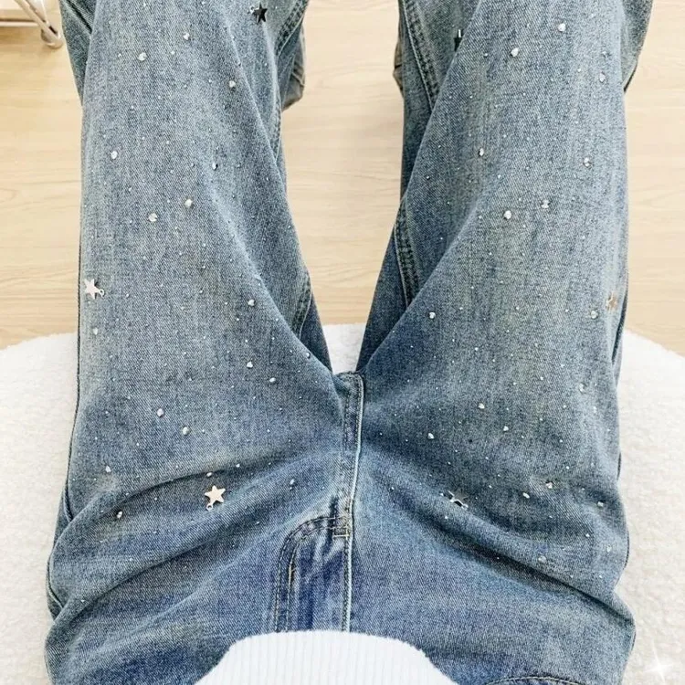 璀璨星河2025春秋新款烫钻窄版直筒牛仔裤子女梨形身材mm显瘦长裤