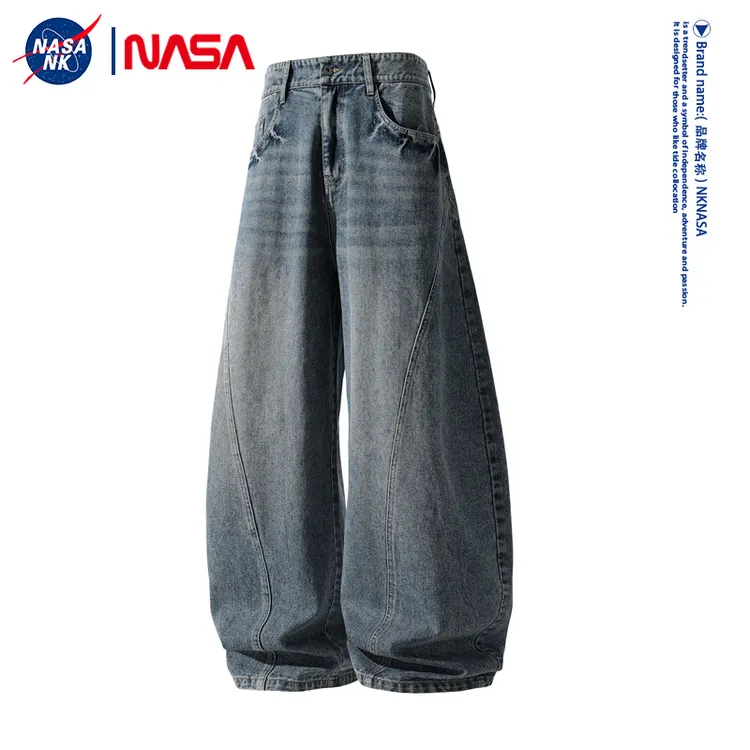 NASA联名美式水洗拼接牛仔裤男款秋冬季复古高街cleanfit阔腿长裤
