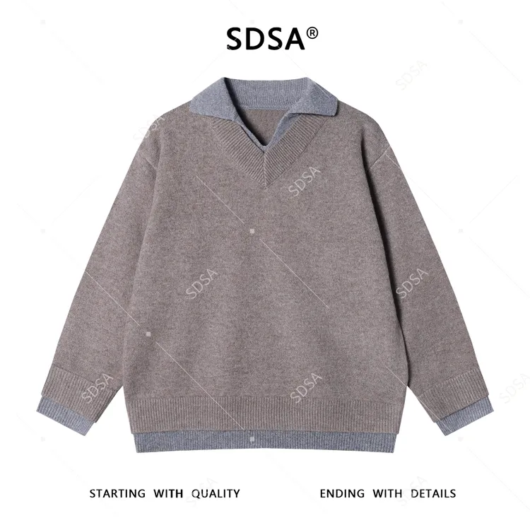 SDSA男士秋冬新款痞帅男装极简风撞色翻领假两件针织毛衣百搭时尚