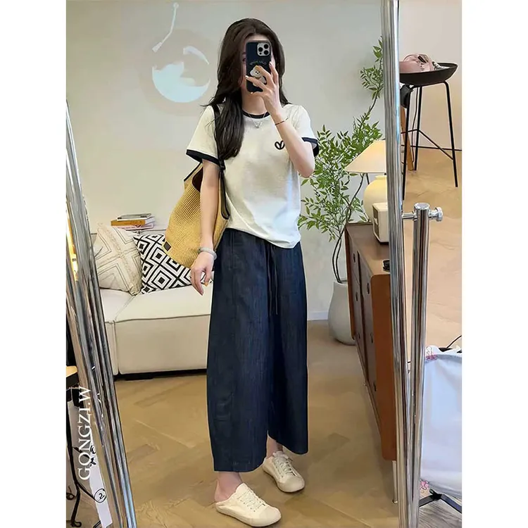 小众设计感拼色正肩短袖t恤女2025年夏季洋气百搭休闲上衣打底衫