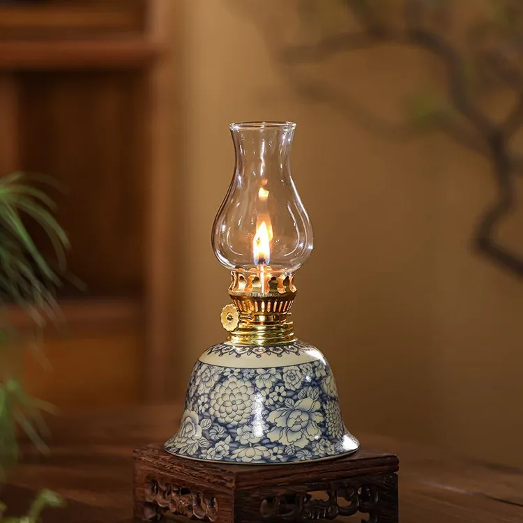 汝窑花卉复古煤油灯陶瓷酥油灯灯盏茶桌氛围灯卧室小夜灯摆件供灯