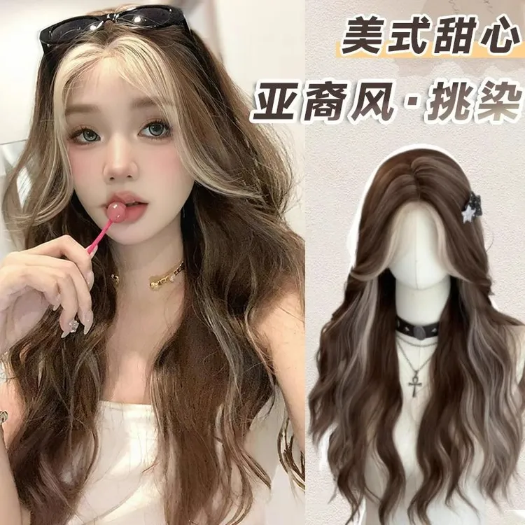 女甜酷辣妹假发大波浪全头套挑染夏季若兰美式亚裔薄款整顶长卷发
