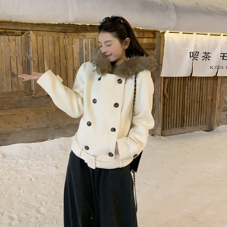 番茄妹妹Tomatosister 毛领双排扣短款毛呢大衣收腰连帽外套秋冬