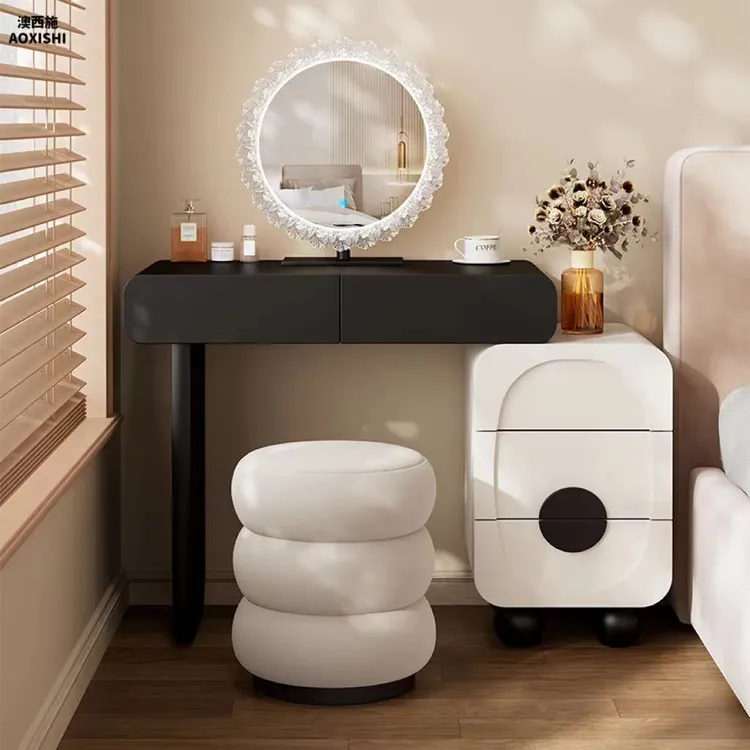澳西施小户型烤漆实木梳妆台卧室斗柜现代简约黑白收纳化妆台桌子