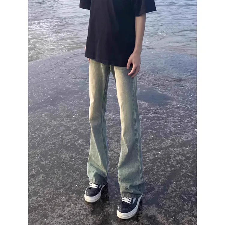 复古蓝弯刀微喇牛仔裤男生春秋季高街vibe裤子修身显瘦显高直筒裤