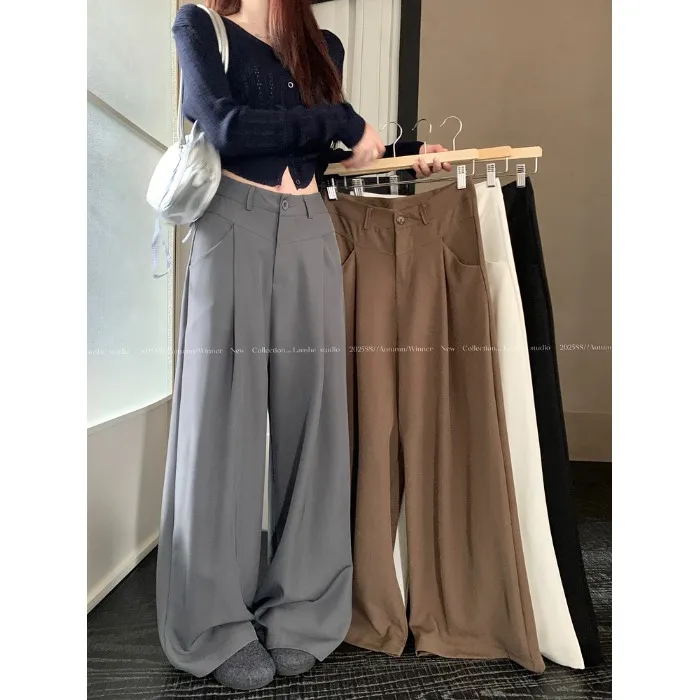 灰色西装休闲裤女秋季垂感高腰百搭阔腿拖地裤子小众宽松直筒长裤