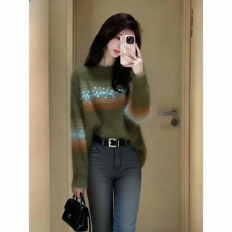 绿色毛衣女秋冬内搭高端时髦洋气巨好看减龄气质小香风撞色针织衫