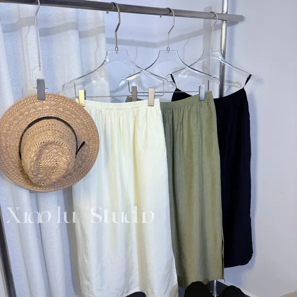 深圳南油夏季新款醋酸高腰显瘦侧开叉设计中长款半身裙