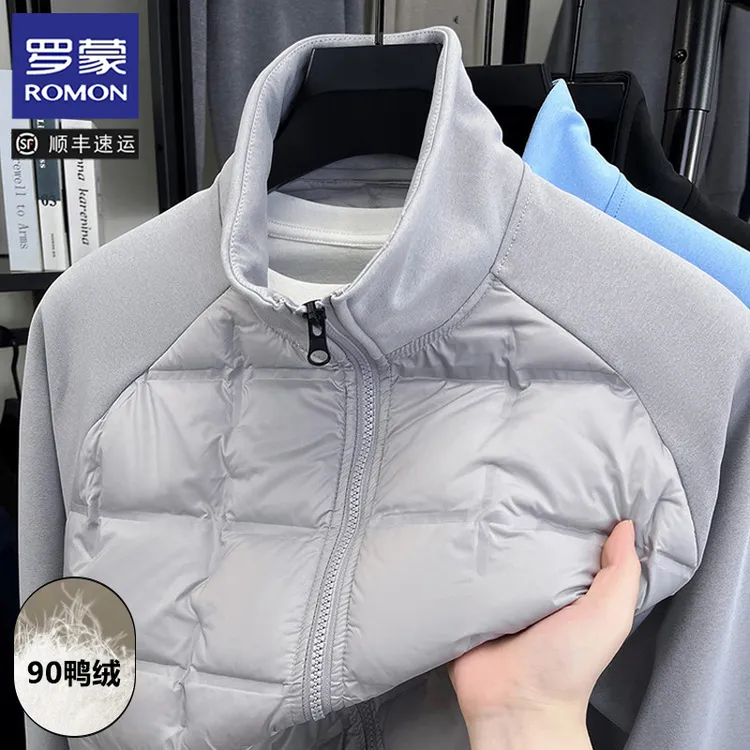 罗蒙2025秋冬季男女同款拼接拉链立领羽绒服轻薄保暖开衫夹克外套