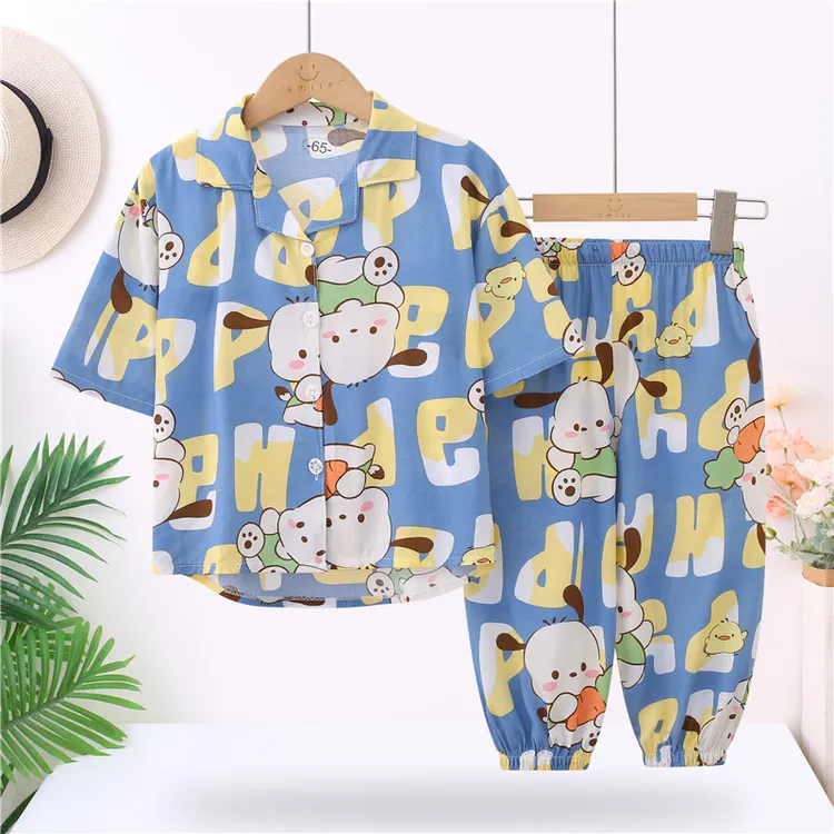 中小童儿童睡衣棉绸夏季薄款男童七分袖长裤女孩夏天家居服宝宝