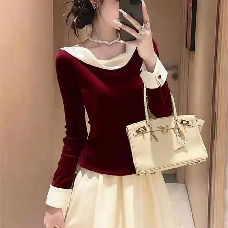 温柔富家千金感小香风酒红色上衣女冬季名媛气质女神范高级打底衫