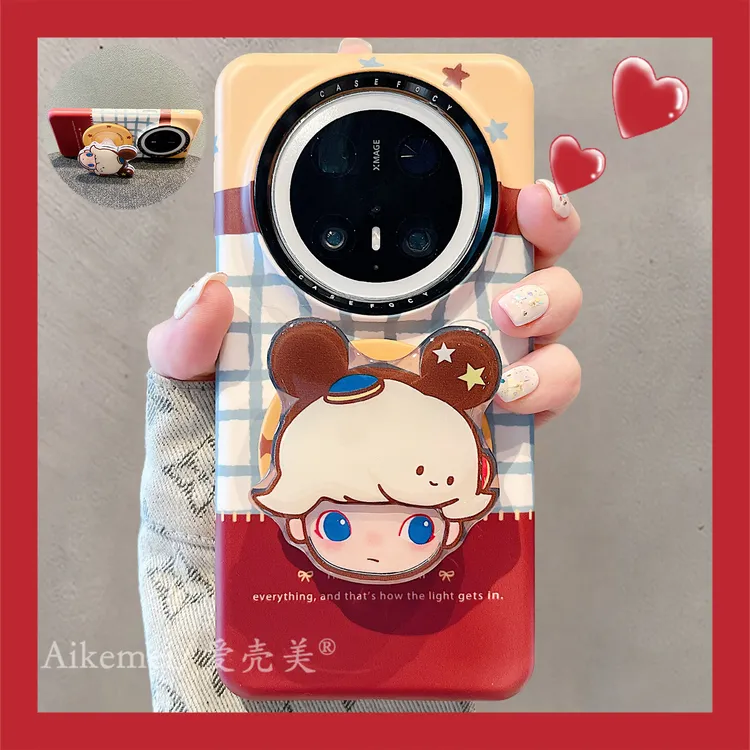 适用华为mate70pro+手机壳菲林红黄格纹mate60pro+男孩头磁吸支架