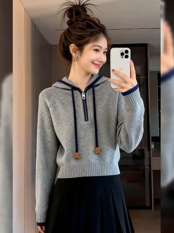 韩系灰色慵懒风气质连帽针织衫毛衣2026春秋新款宽松穿搭上衣女装