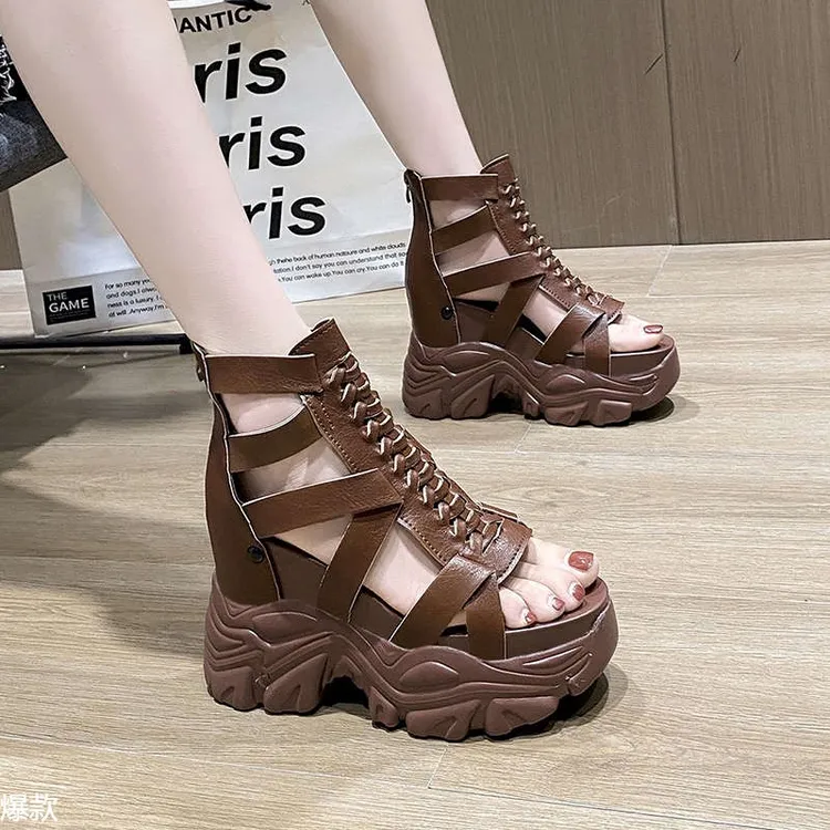 2025夏季新款10cm内增高凉鞋厚底镂空坡跟凉鞋女百搭显瘦高跟凉靴