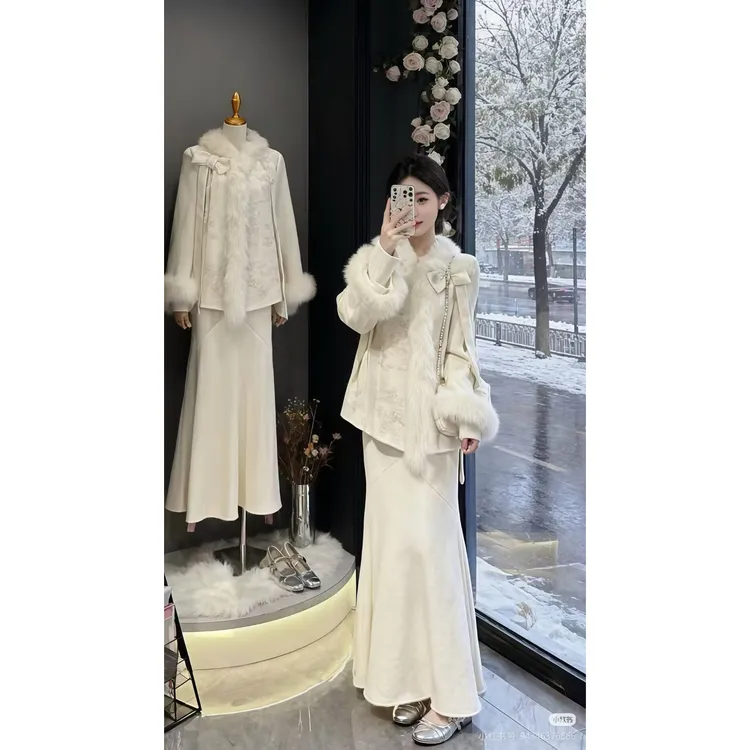 冬季江南初雪冬新中式国风女装套装气质名媛毛毛刺绣外套半身长裙