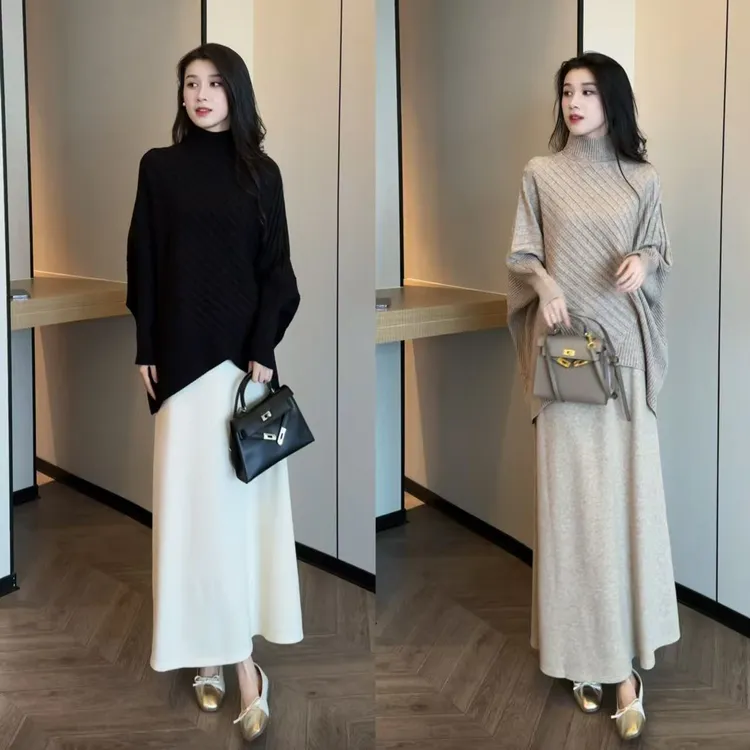 慵懒风不规则宽松纸片人显瘦气质毛衣+垂坠纯色气质半身裙两件套
