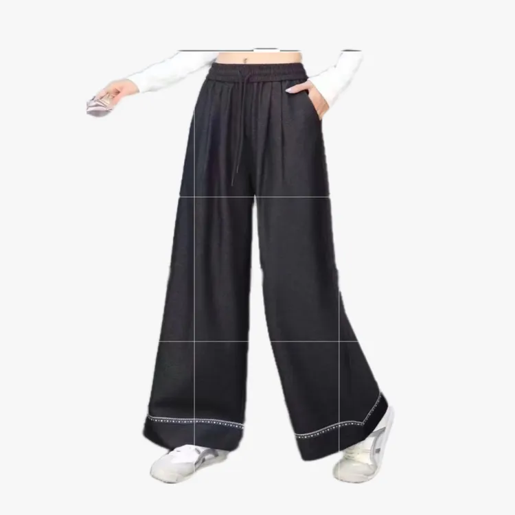 秋季复古高腰时尚双色天丝牛仔裤宽松显瘦阔腿裤休闲小个子长裤94