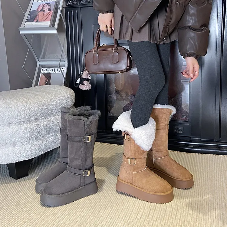时髦扣带厚底增高羊毛毛翻边保暖棉鞋中长筒短靴灰色雪地靴女冬季
