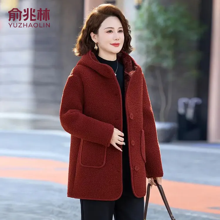 俞兆林连帽中老年女装冬季加厚棉衣洋气妈妈冬季加绒颗粒绒外套女
