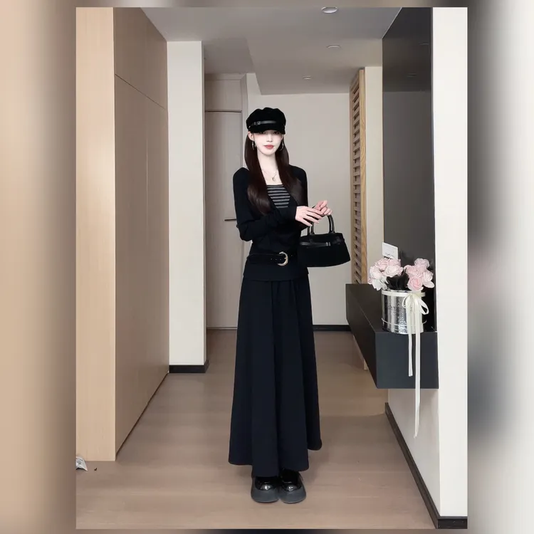 松本丧丧黑色纯欲套装休闲长袖上衣半裙减龄两件套百搭B253R0140