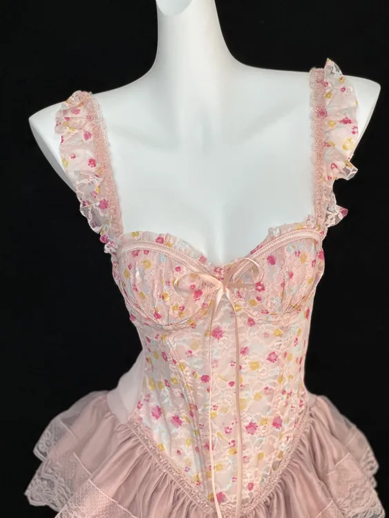 夏季连衣裙碎花短款透气吊带裙蕾丝鱼骨镂空洛丽塔法式芭蕾舞裙