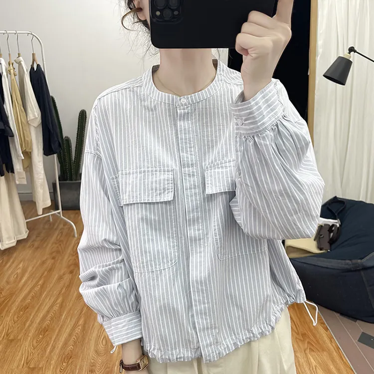 春秋新款设计感双口袋纯棉长袖衬衫女式抽绳减龄复古立领条纹上衣