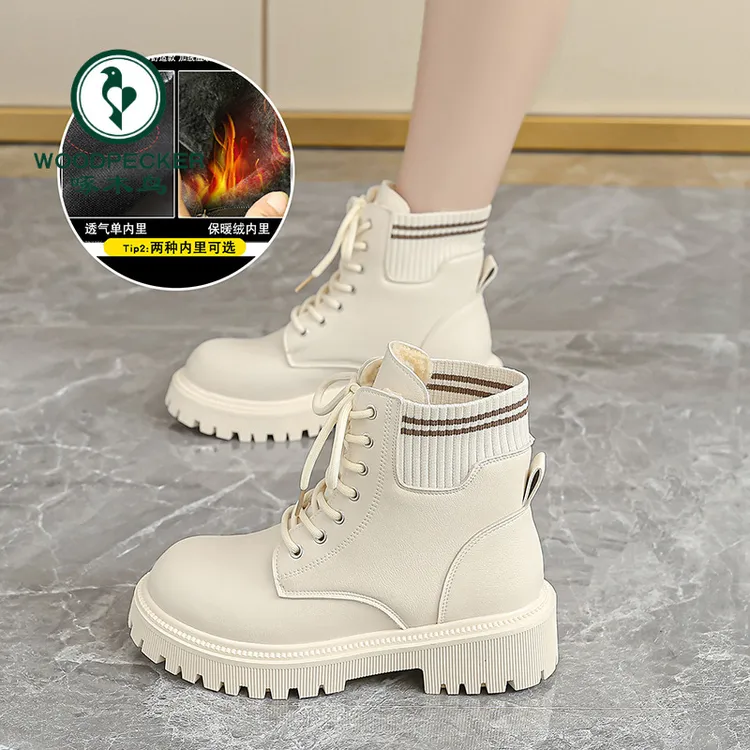 啄木鸟加绒加厚马丁靴女2025新款英伦风女靴冬季棉鞋配裙子短靴子