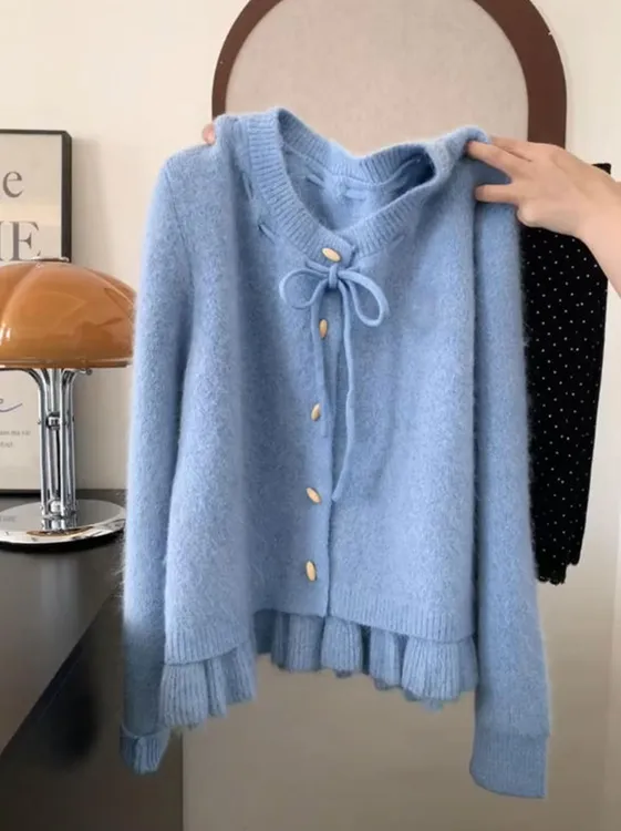 韩系温柔风假两件毛衣上衣女秋冬季新款设计感毛绒绒保暖针织上衣