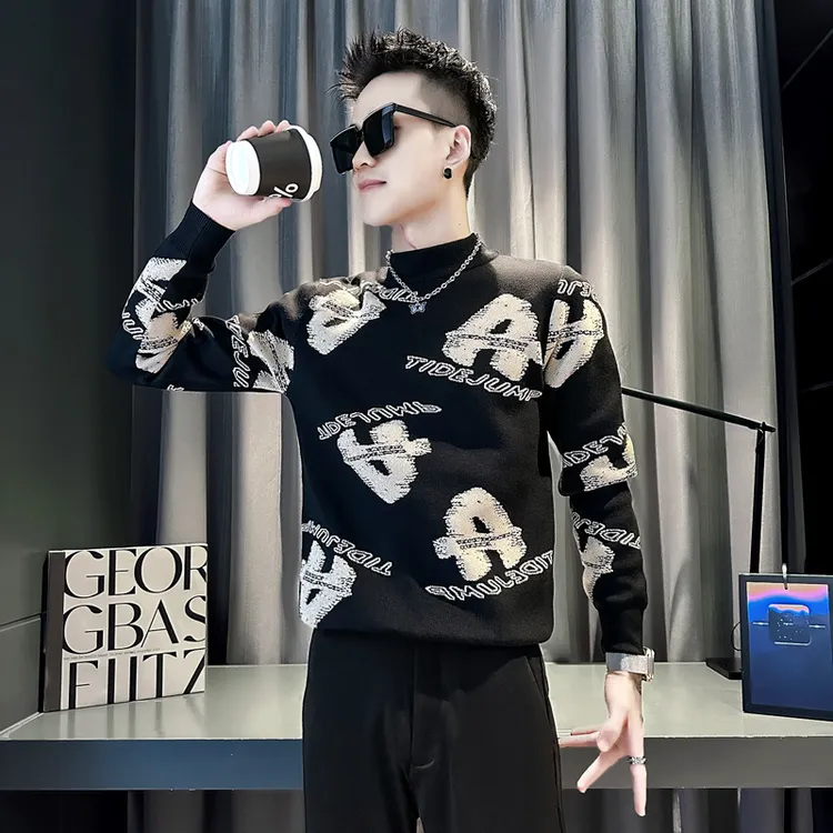 半高领毛衣男款秋冬季线衣2025新款高级感潮牌痞帅印花打底针织衫